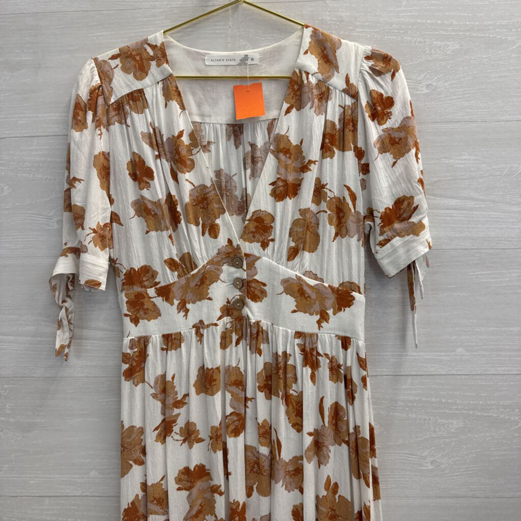 Altar'd State White/ Brown Floral Print Short Puff Sleeve Midi Dress Medium