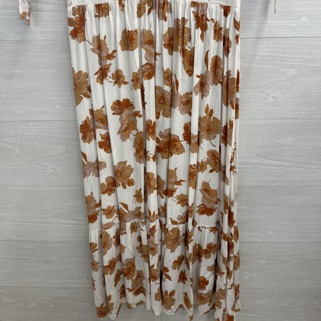 Altar'd State White/ Brown Floral Print Short Puff Sleeve Midi Dress Medium