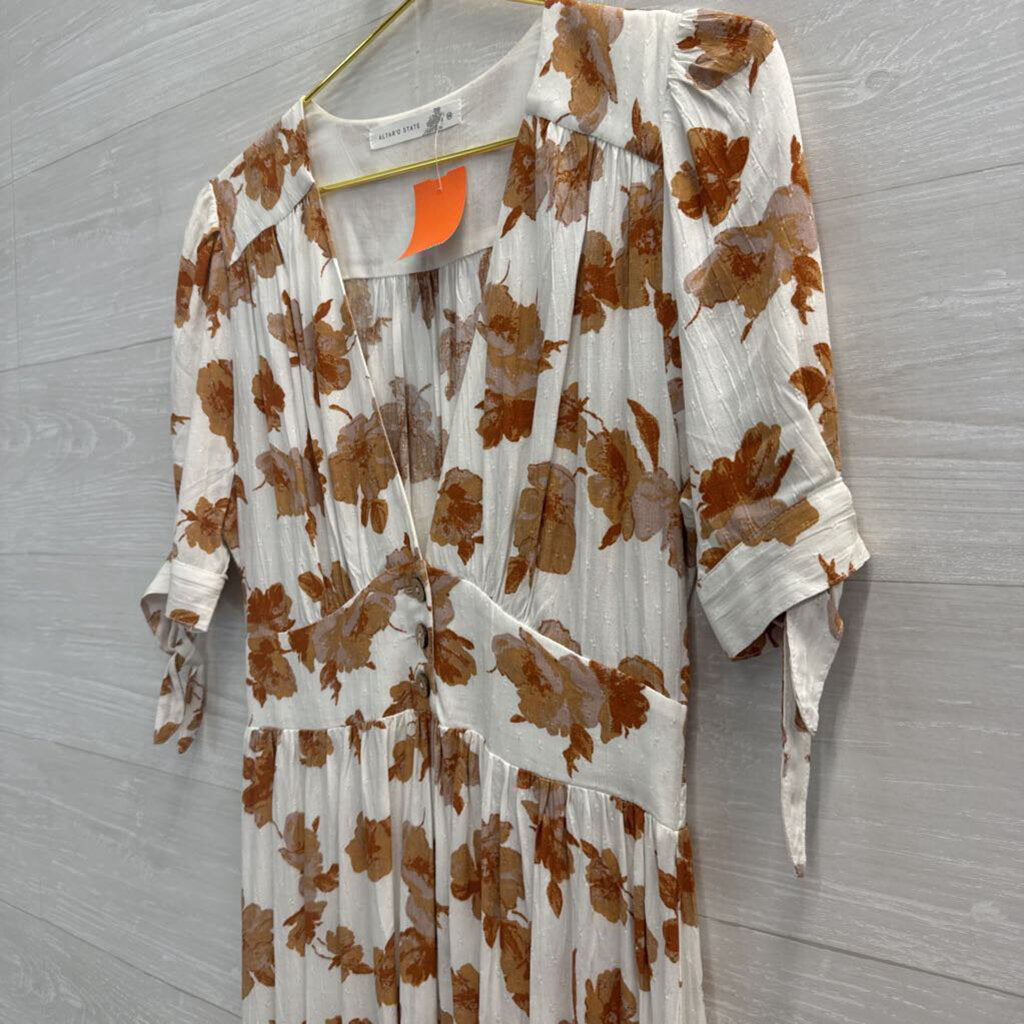 Altar'd State White/ Brown Floral Print Short Puff Sleeve Midi Dress Medium