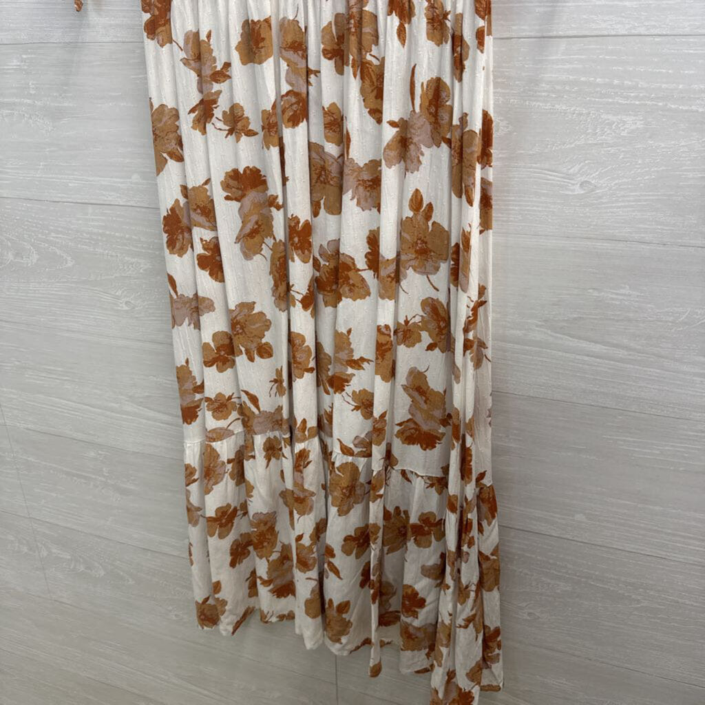 Altar'd State White/ Brown Floral Print Short Puff Sleeve Midi Dress Medium