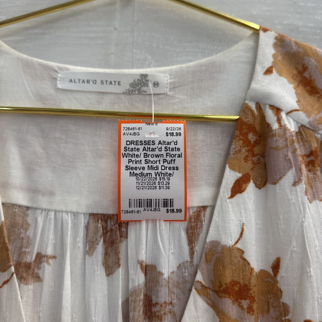 Altar'd State White/ Brown Floral Print Short Puff Sleeve Midi Dress Medium