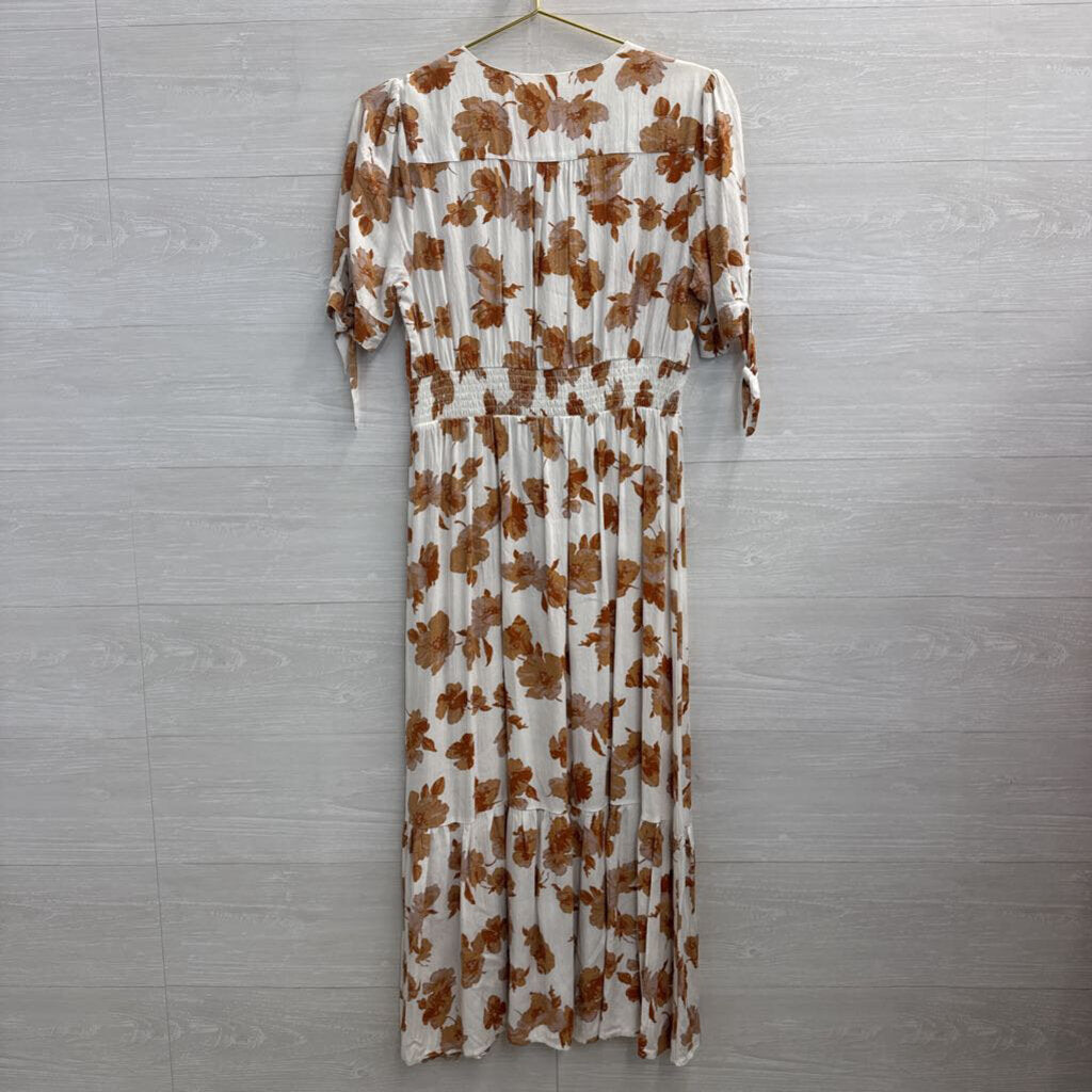 Altar'd State White/ Brown Floral Print Short Puff Sleeve Midi Dress Medium