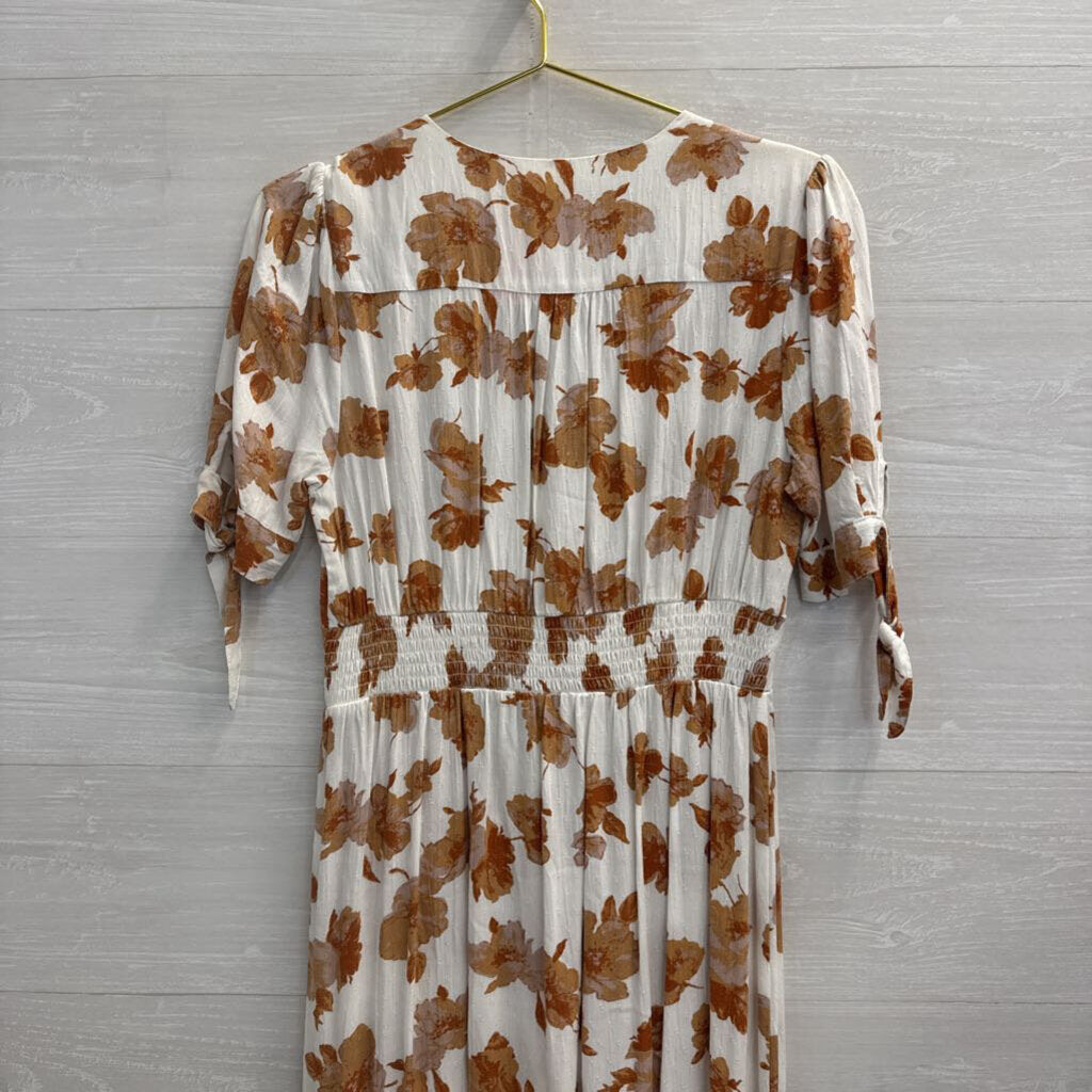 Altar'd State White/ Brown Floral Print Short Puff Sleeve Midi Dress Medium