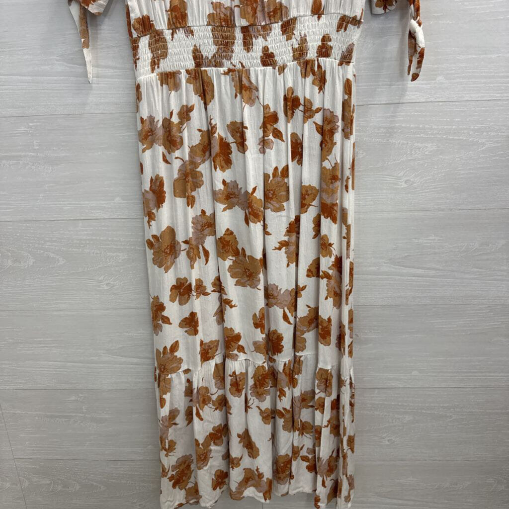 Altar'd State White/ Brown Floral Print Short Puff Sleeve Midi Dress Medium
