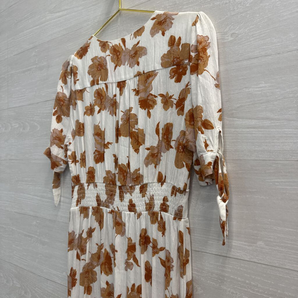 Altar'd State White/ Brown Floral Print Short Puff Sleeve Midi Dress Medium