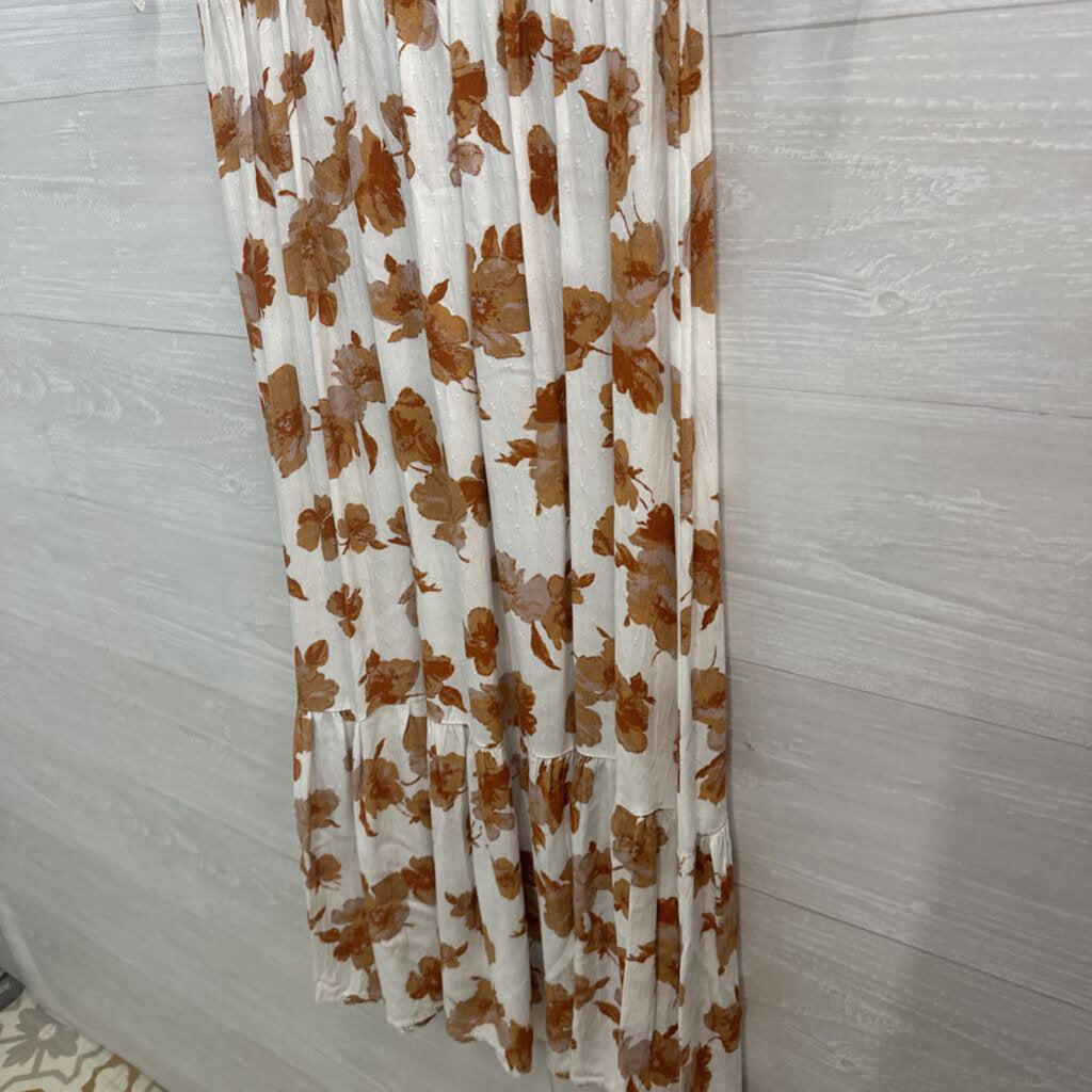 Altar'd State White/ Brown Floral Print Short Puff Sleeve Midi Dress Medium