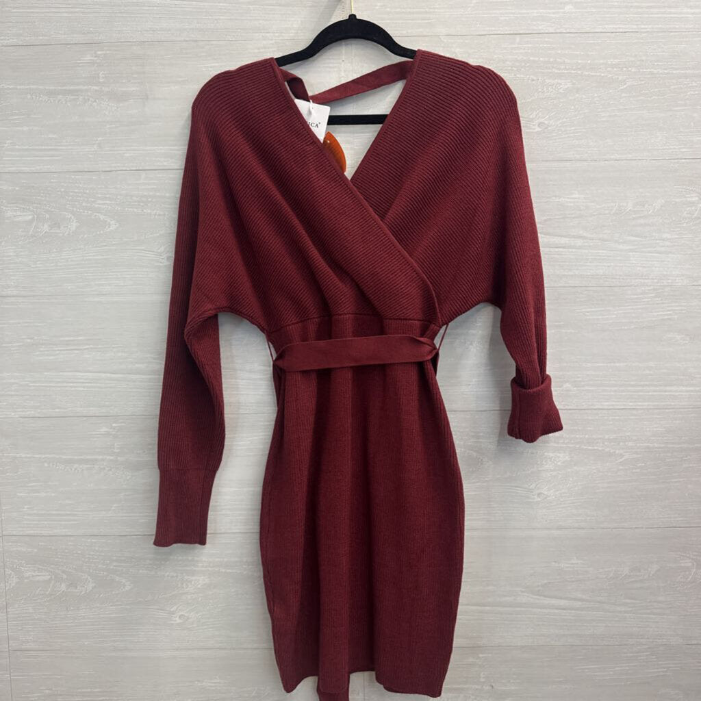 Zesica Burgundy Ribbed Long Sleeve Dress Medium