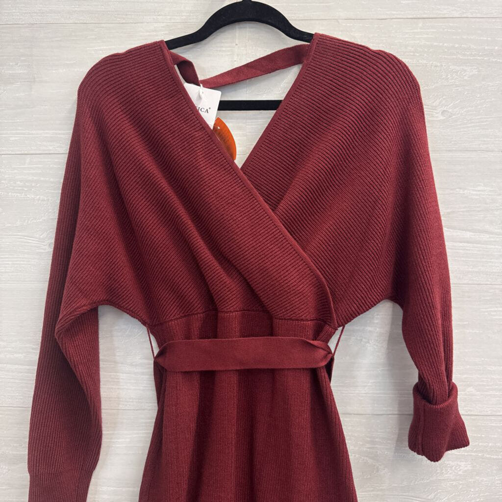 Zesica Burgundy Ribbed Long Sleeve Dress Medium
