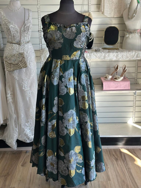 Jessakae Green Metallic Floral Print Long Formal Dress 3X