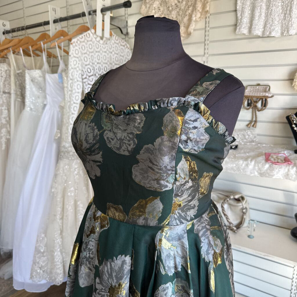 Jessakae Green Metallic Floral Print Long Formal Dress 3X
