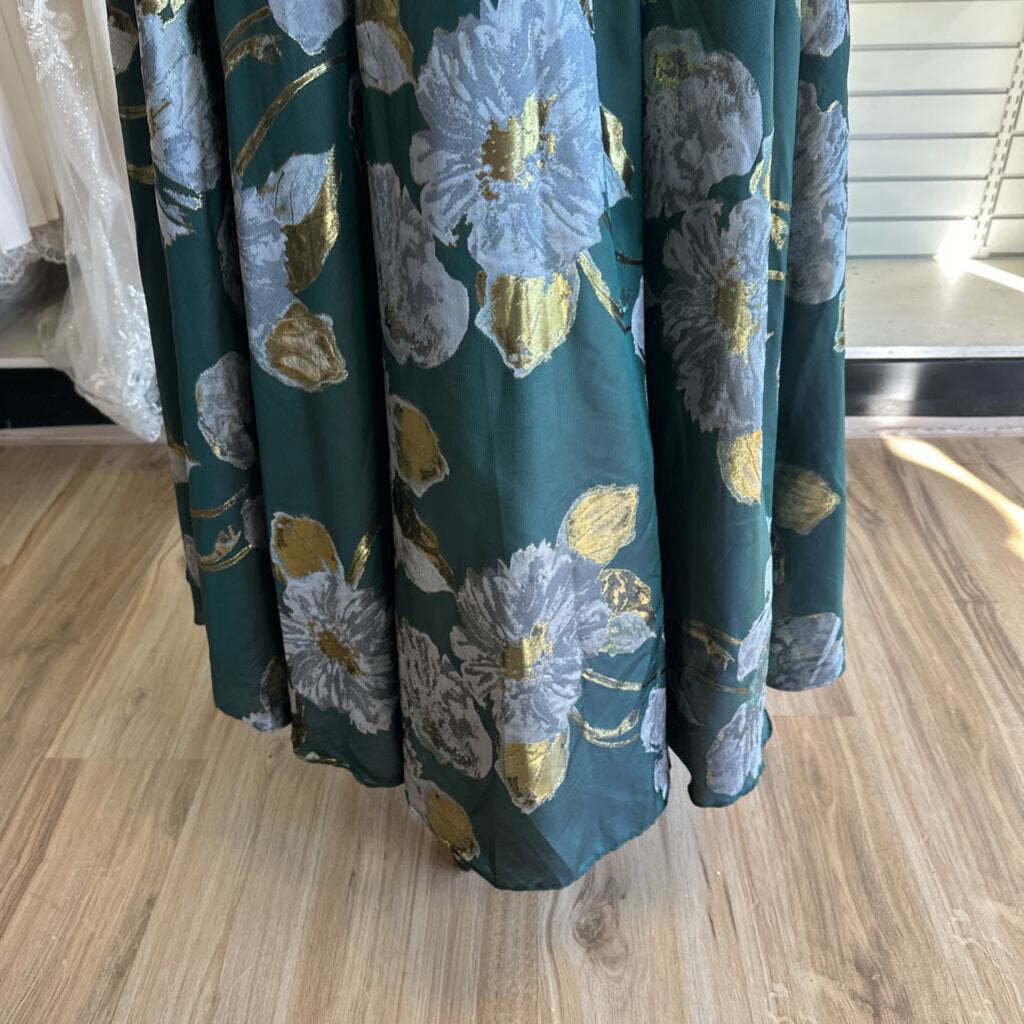 Jessakae Green Metallic Floral Print Long Formal Dress 3X