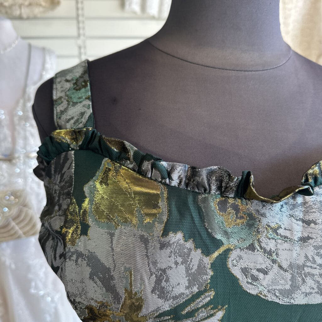 Jessakae Green Metallic Floral Print Long Formal Dress 3X