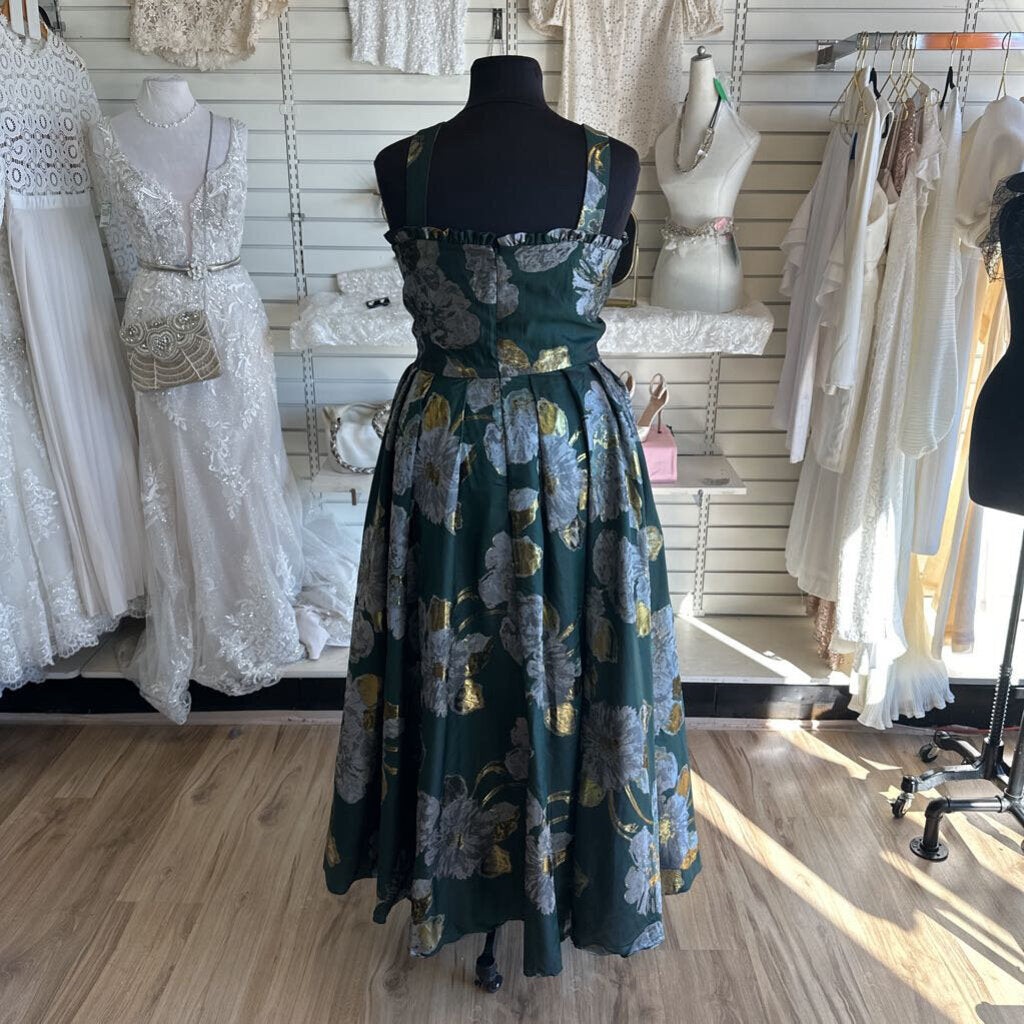 Jessakae Green Metallic Floral Print Long Formal Dress 3X