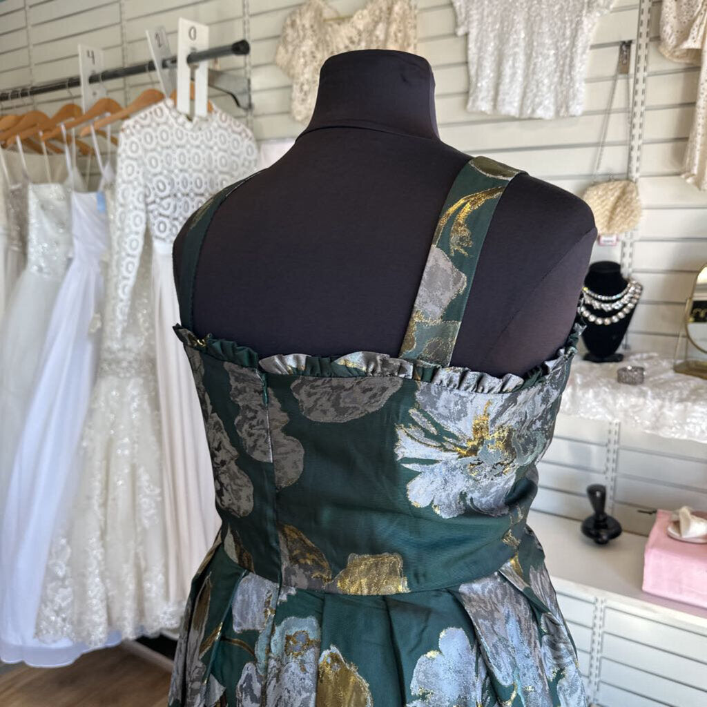 Jessakae Green Metallic Floral Print Long Formal Dress 3X