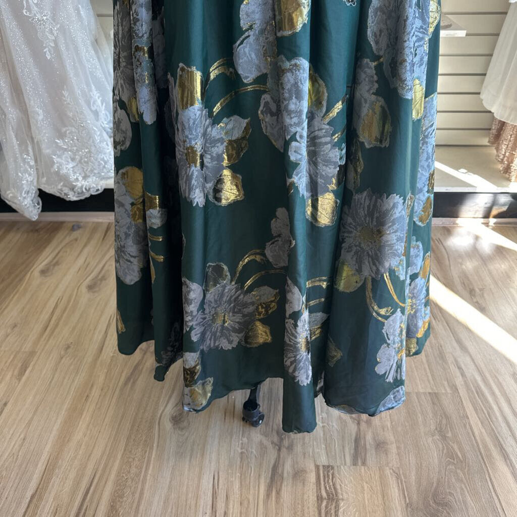 Jessakae Green Metallic Floral Print Long Formal Dress 3X