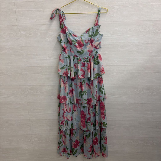 Mittoshop Blue/ Pink Floral Print Tiered Maxi Dress Medium