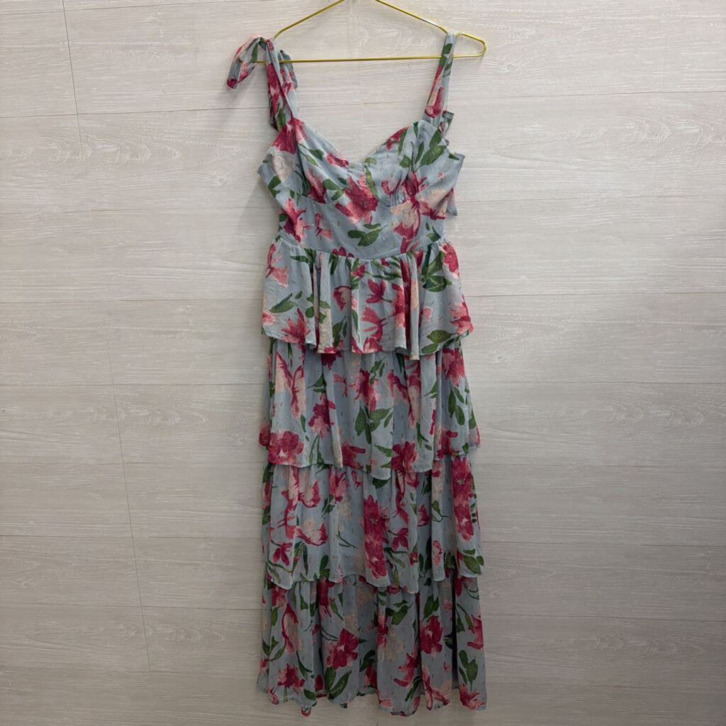 Mittoshop Blue/ Pink Floral Print Tiered Maxi Dress Medium