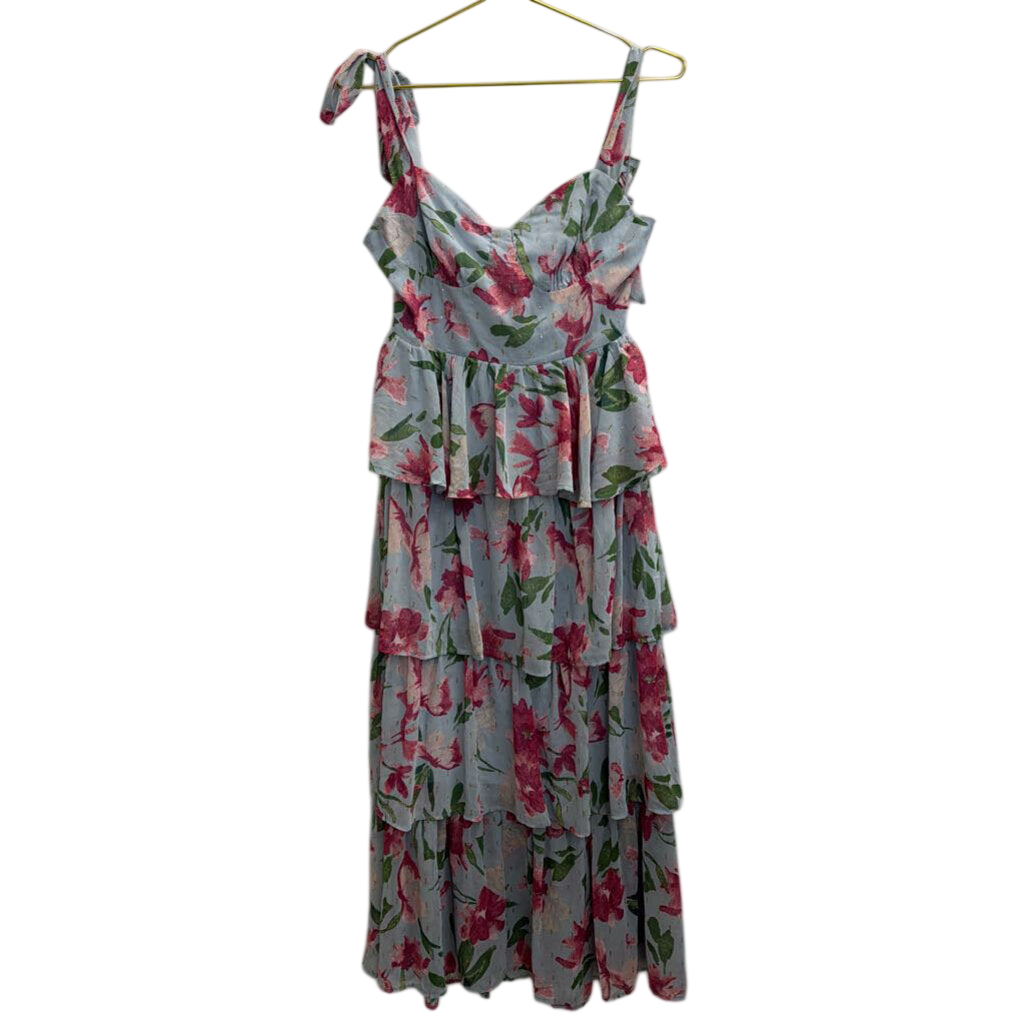 Mittoshop Blue/ Pink Floral Print Tiered Maxi Dress Medium