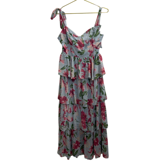 Mittoshop Blue/ Pink Floral Print Tiered Maxi Dress Medium