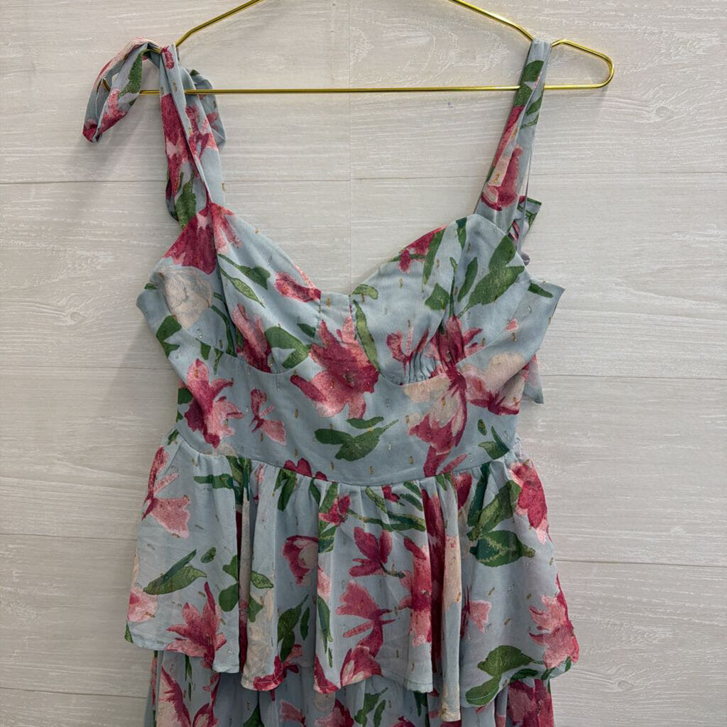 Mittoshop Blue/ Pink Floral Print Tiered Maxi Dress Medium