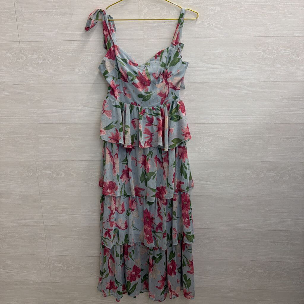 Mittoshop Blue/ Pink Floral Print Tiered Maxi Dress Medium