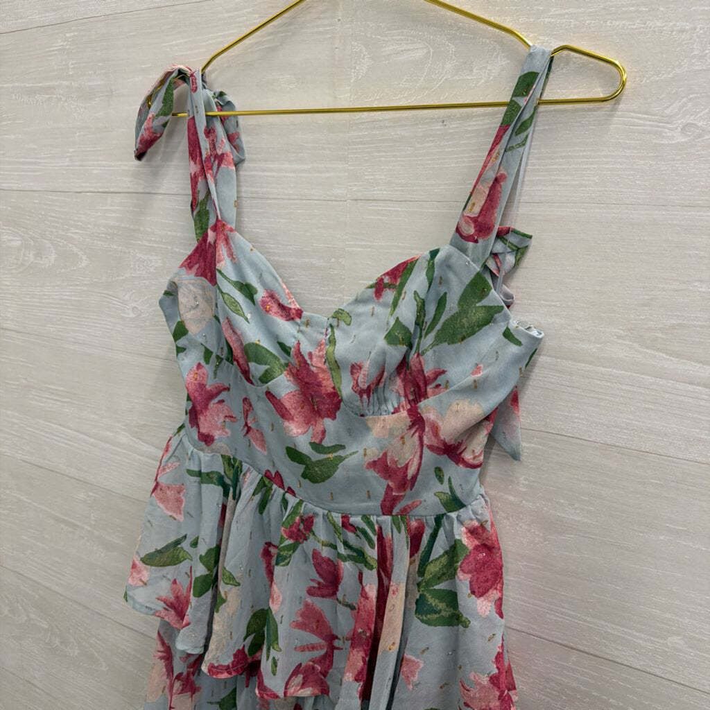 Mittoshop Blue/ Pink Floral Print Tiered Maxi Dress Medium