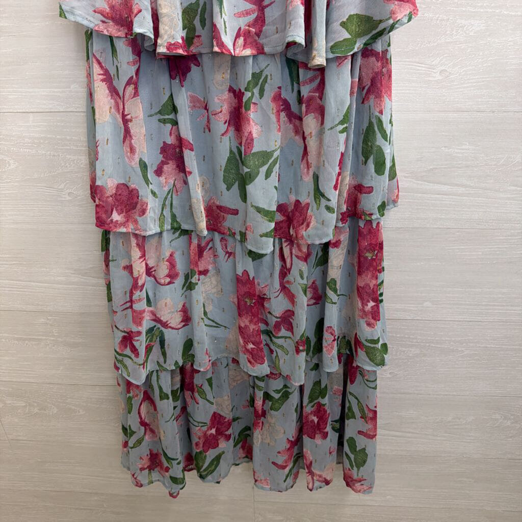 Mittoshop Blue/ Pink Floral Print Tiered Maxi Dress Medium
