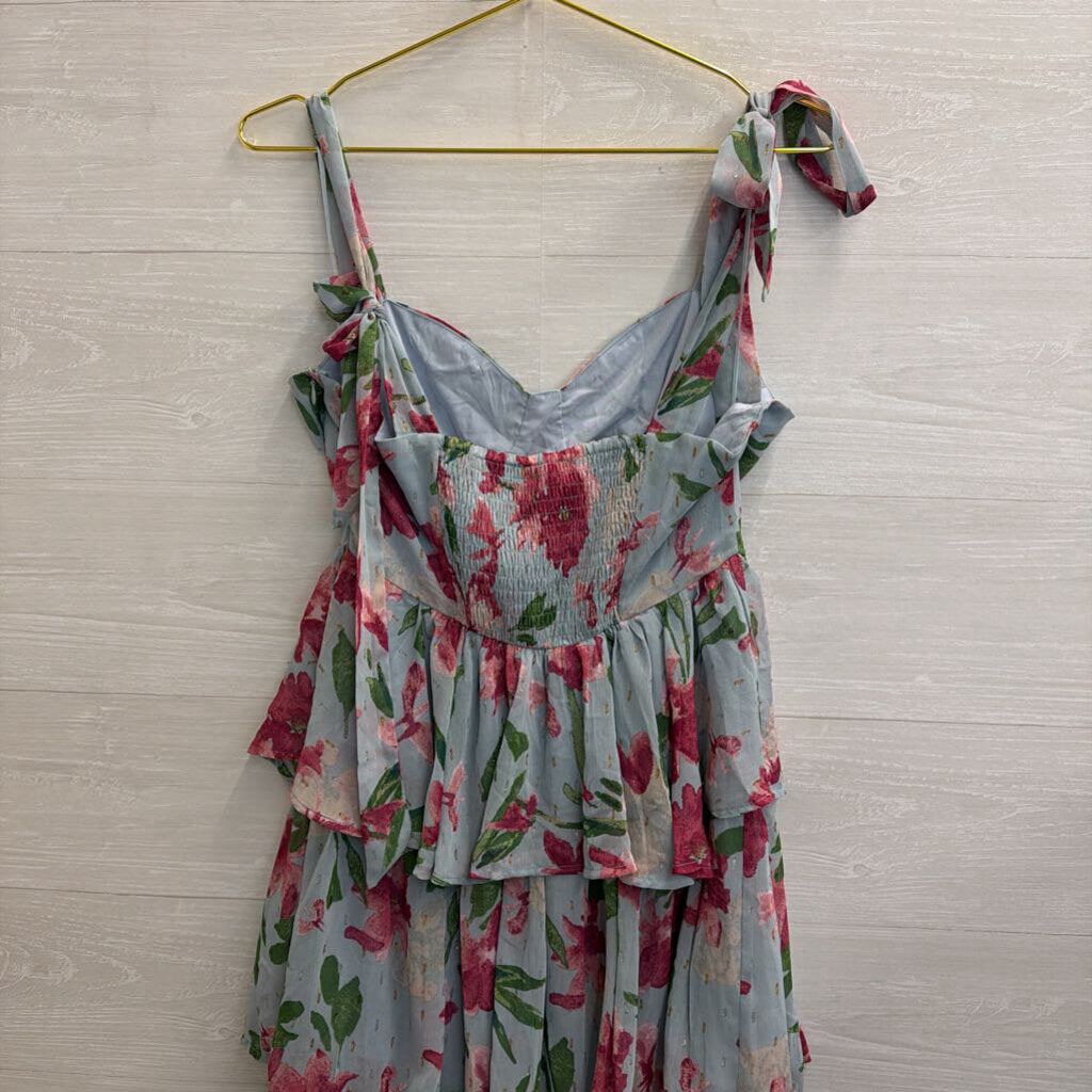 Mittoshop Blue/ Pink Floral Print Tiered Maxi Dress Medium