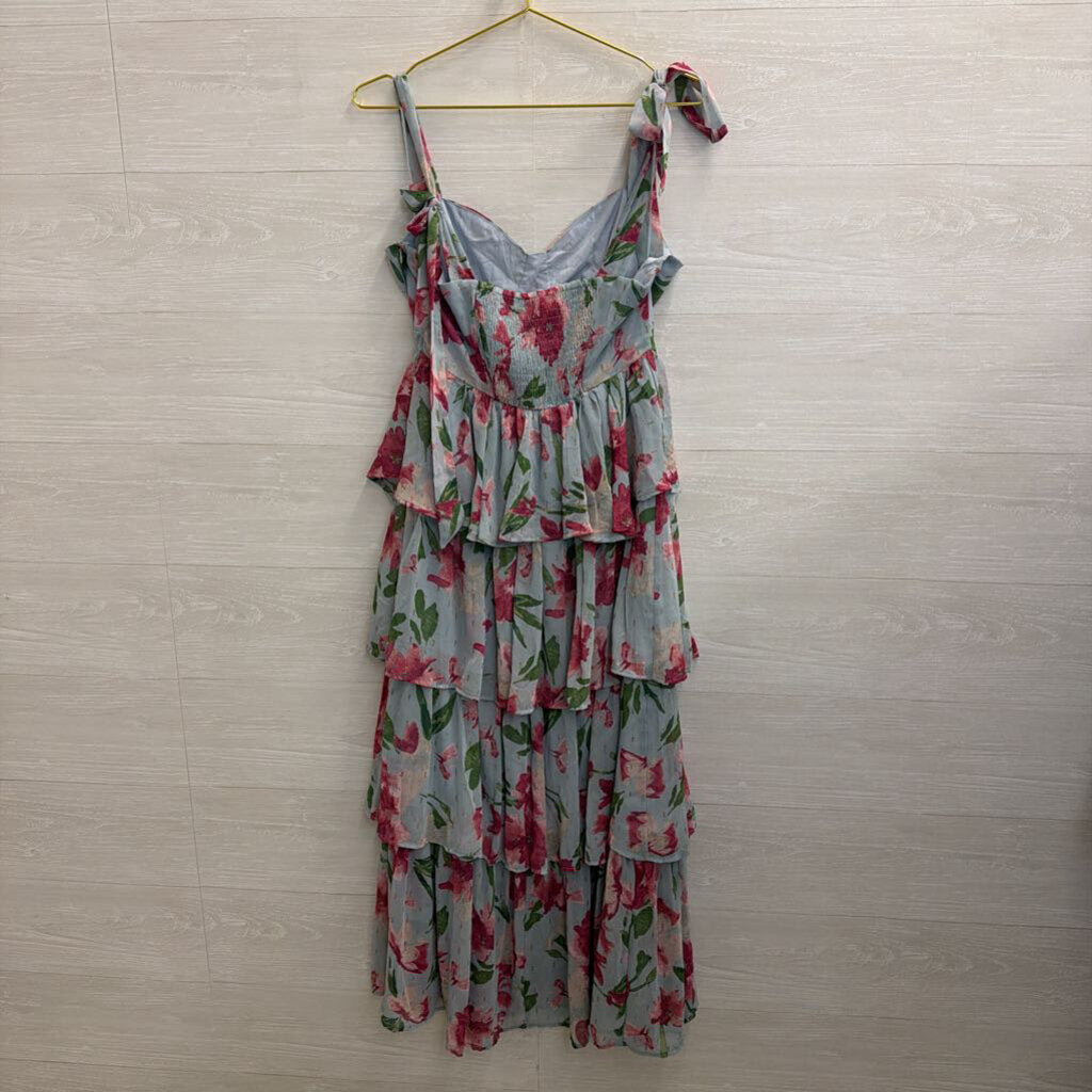 Mittoshop Blue/ Pink Floral Print Tiered Maxi Dress Medium