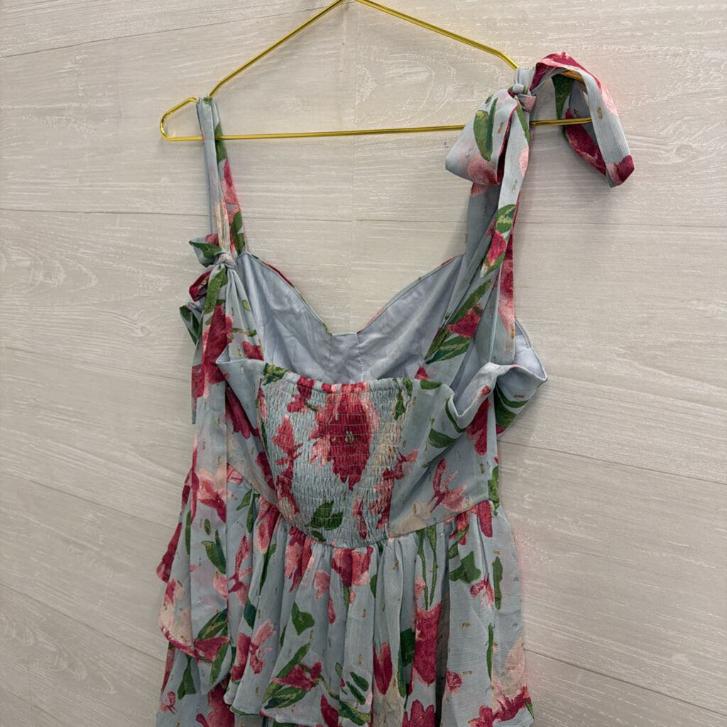 Mittoshop Blue/ Pink Floral Print Tiered Maxi Dress Medium
