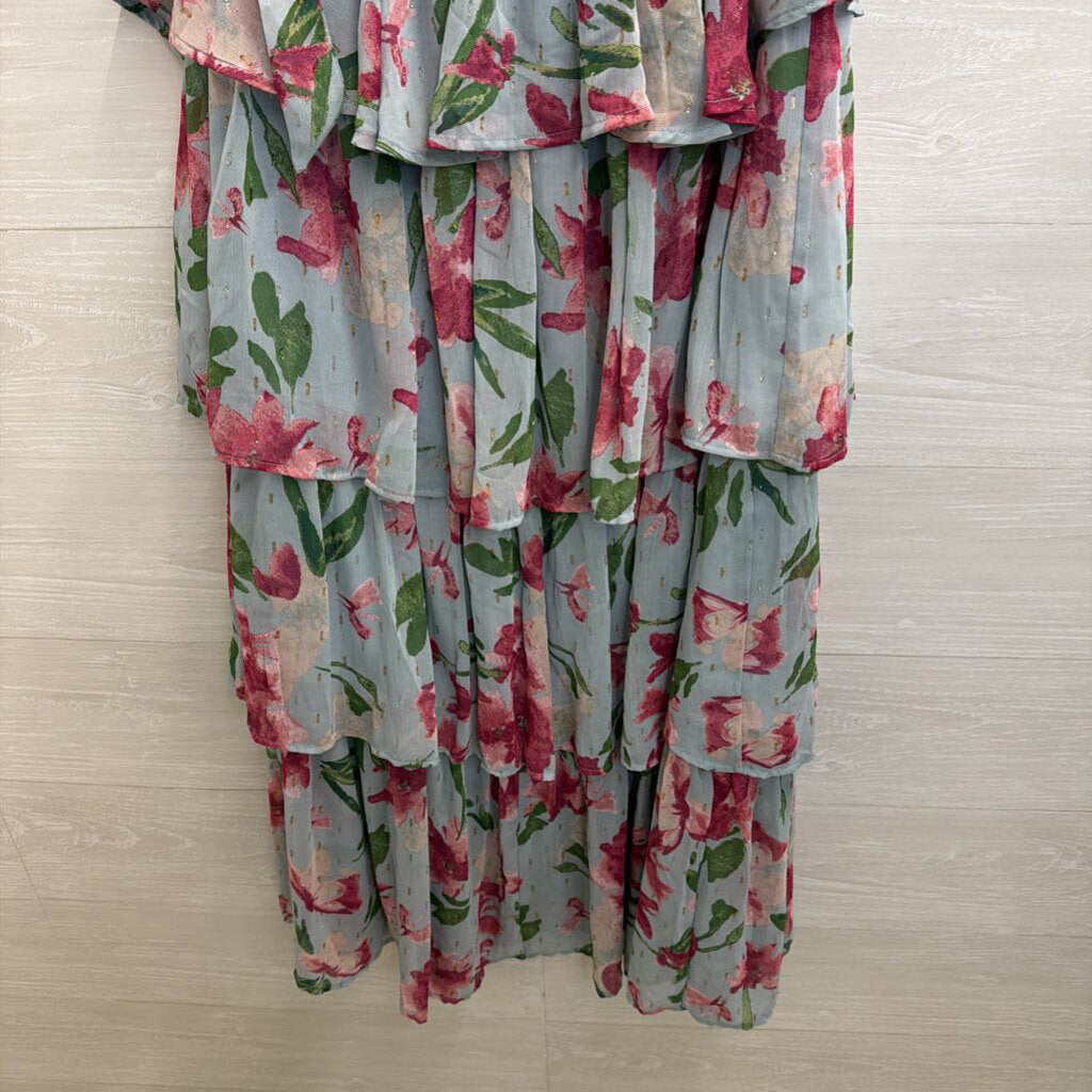 Mittoshop Blue/ Pink Floral Print Tiered Maxi Dress Medium