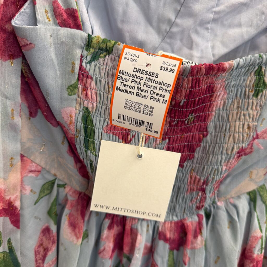 Mittoshop Blue/ Pink Floral Print Tiered Maxi Dress Medium