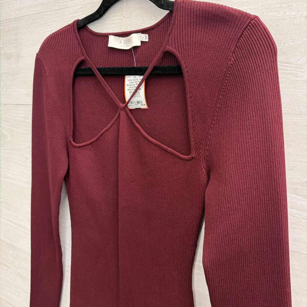 ASTR Burgundy Ribbed Long Sleeve Bodysuit Large