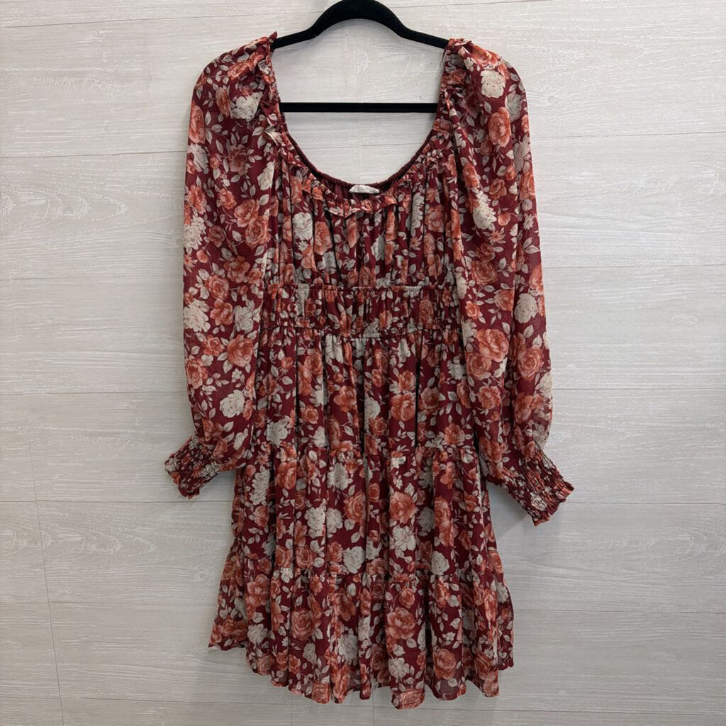 By The River Red/ Multi Floral Print Long Sleeve Dress Medium
