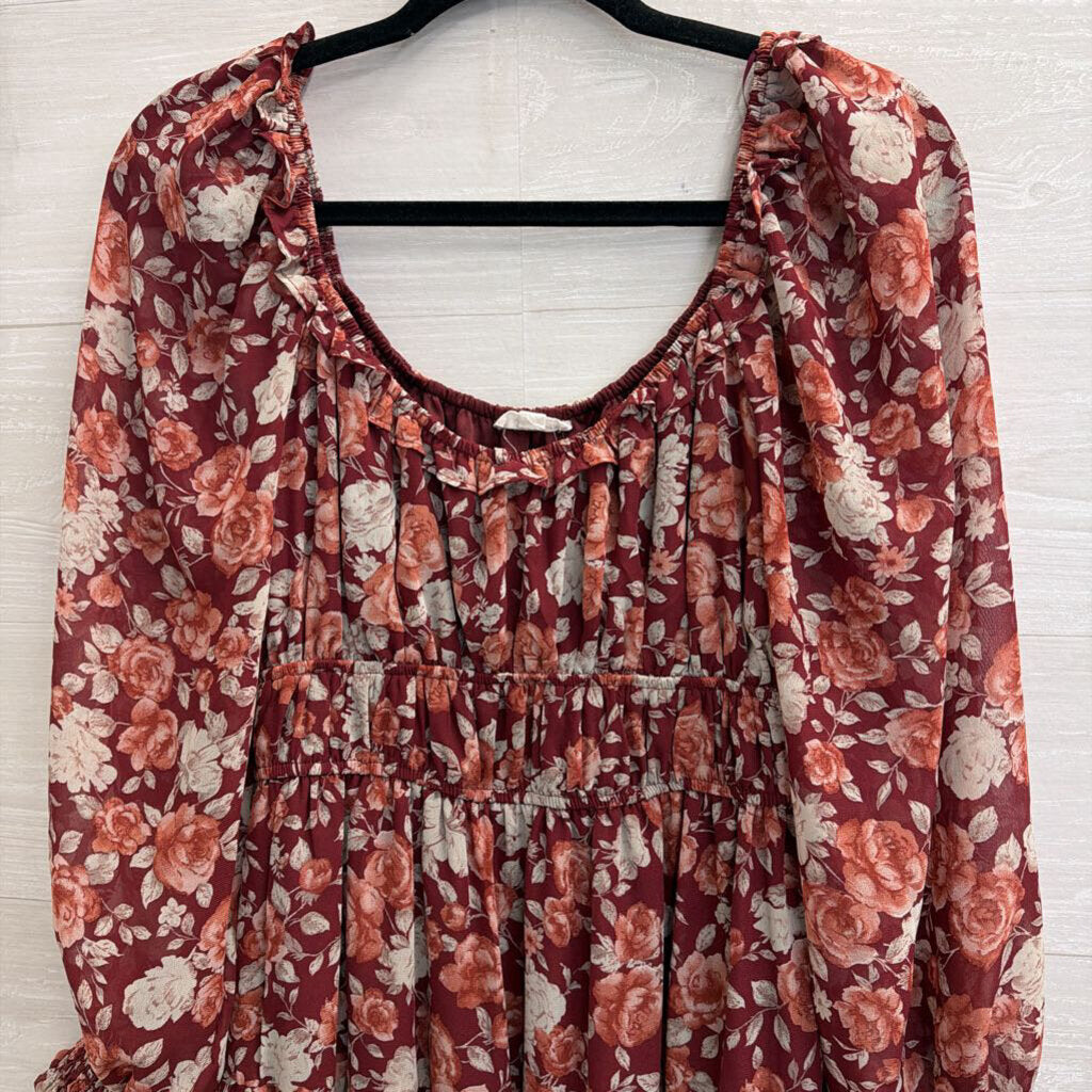 By The River Red/ Multi Floral Print Long Sleeve Dress Medium