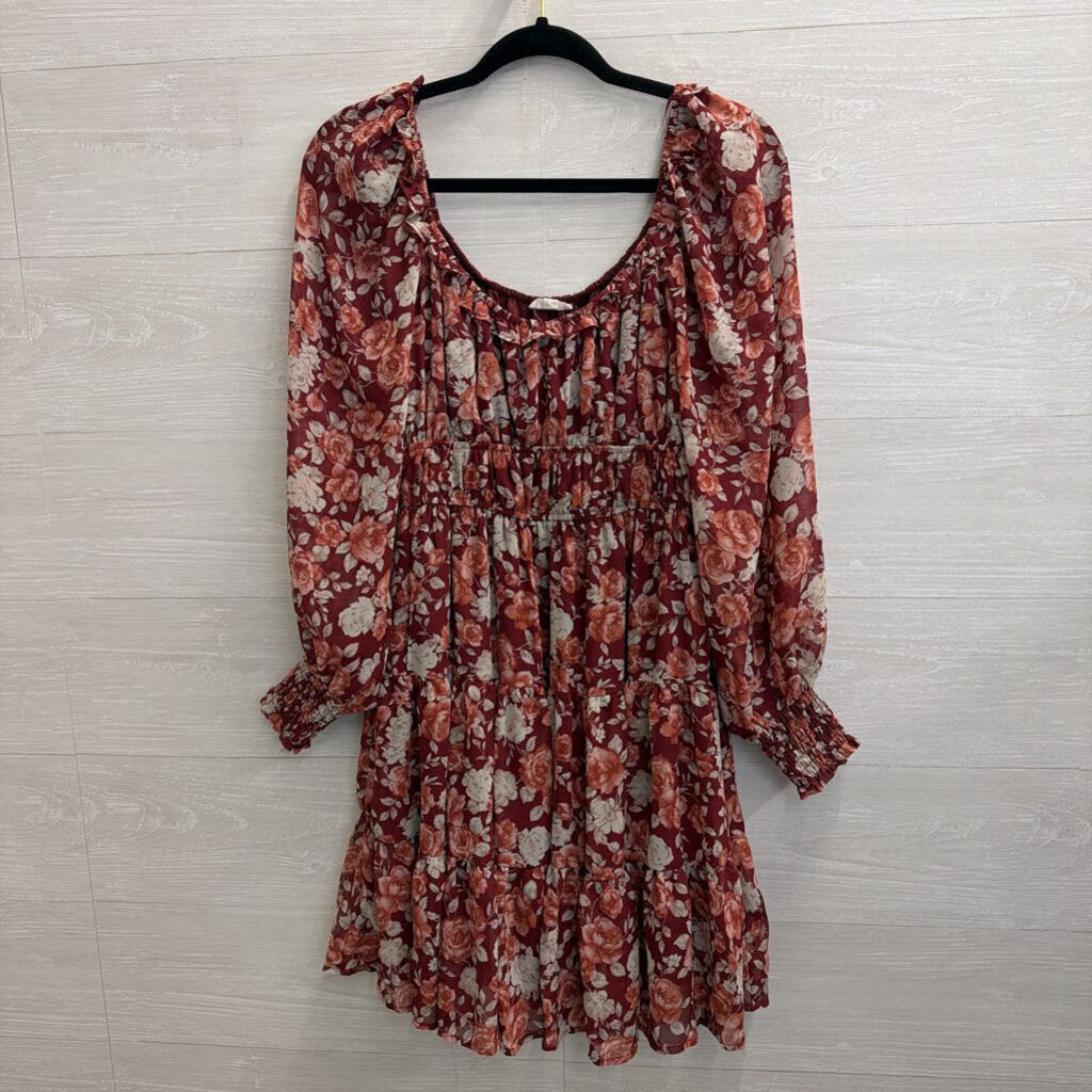By The River Red/ Multi Floral Print Long Sleeve Dress Medium