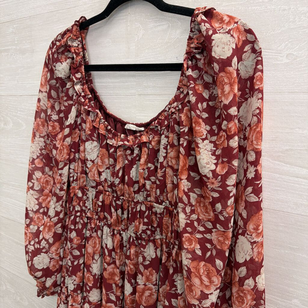 By The River Red/ Multi Floral Print Long Sleeve Dress Medium