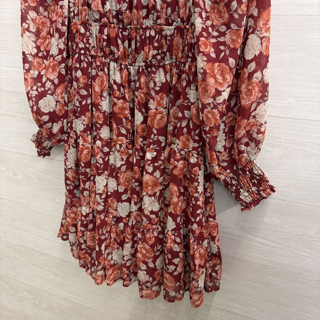 By The River Red/ Multi Floral Print Long Sleeve Dress Medium