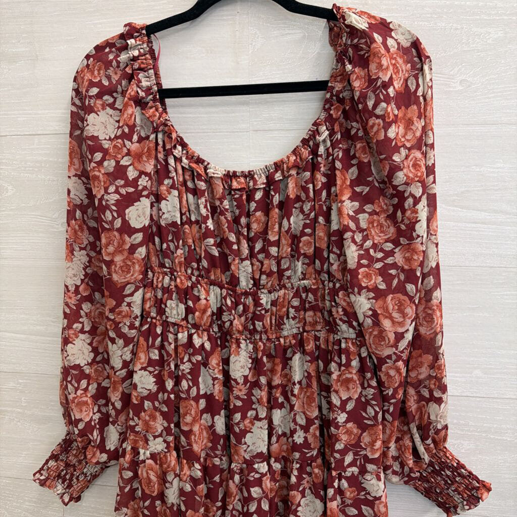 By The River Red/ Multi Floral Print Long Sleeve Dress Medium