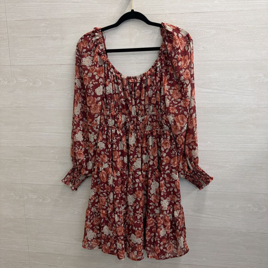 By The River Red/ Multi Floral Print Long Sleeve Dress Medium