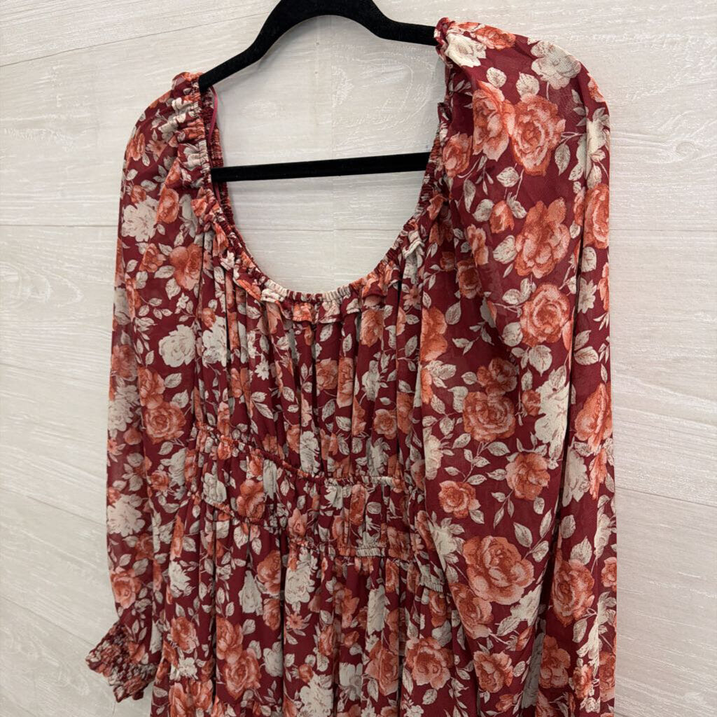 By The River Red/ Multi Floral Print Long Sleeve Dress Medium