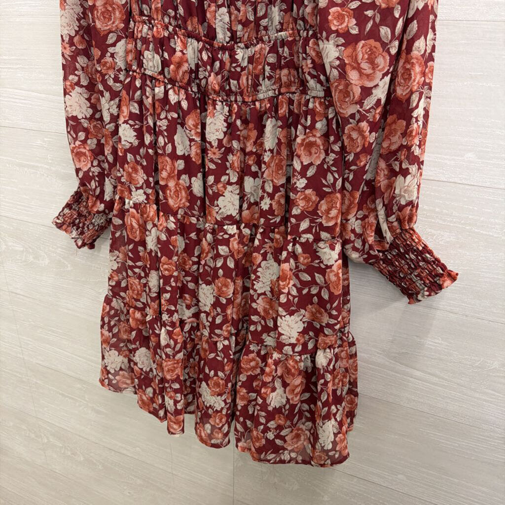 By The River Red/ Multi Floral Print Long Sleeve Dress Medium