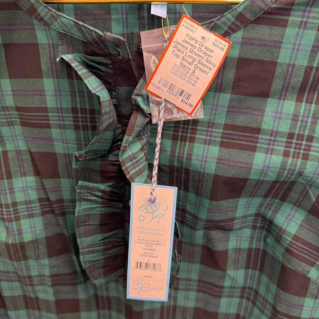 Draper James Green/ Navy Plaid Long Sleeve Top Small