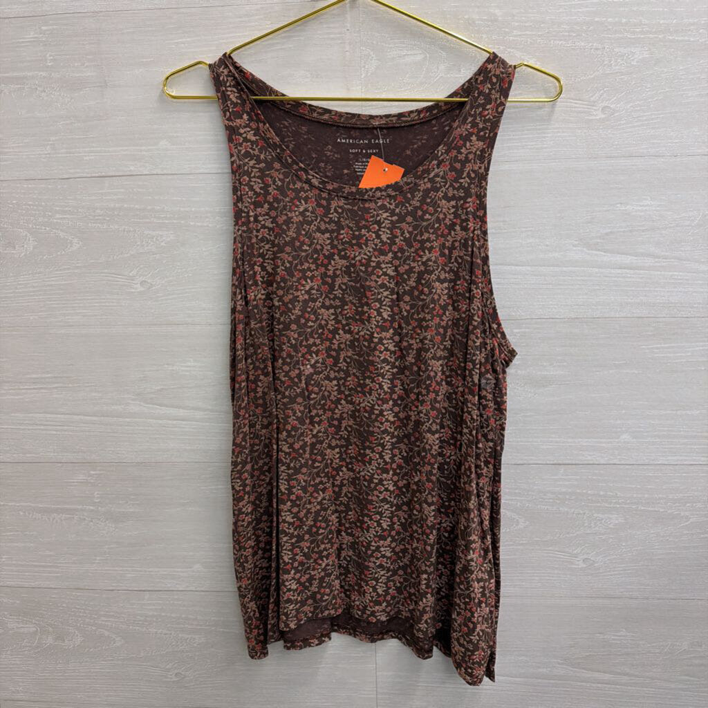 American Eagle Brown/ Pink Floral Print Tank Top Large