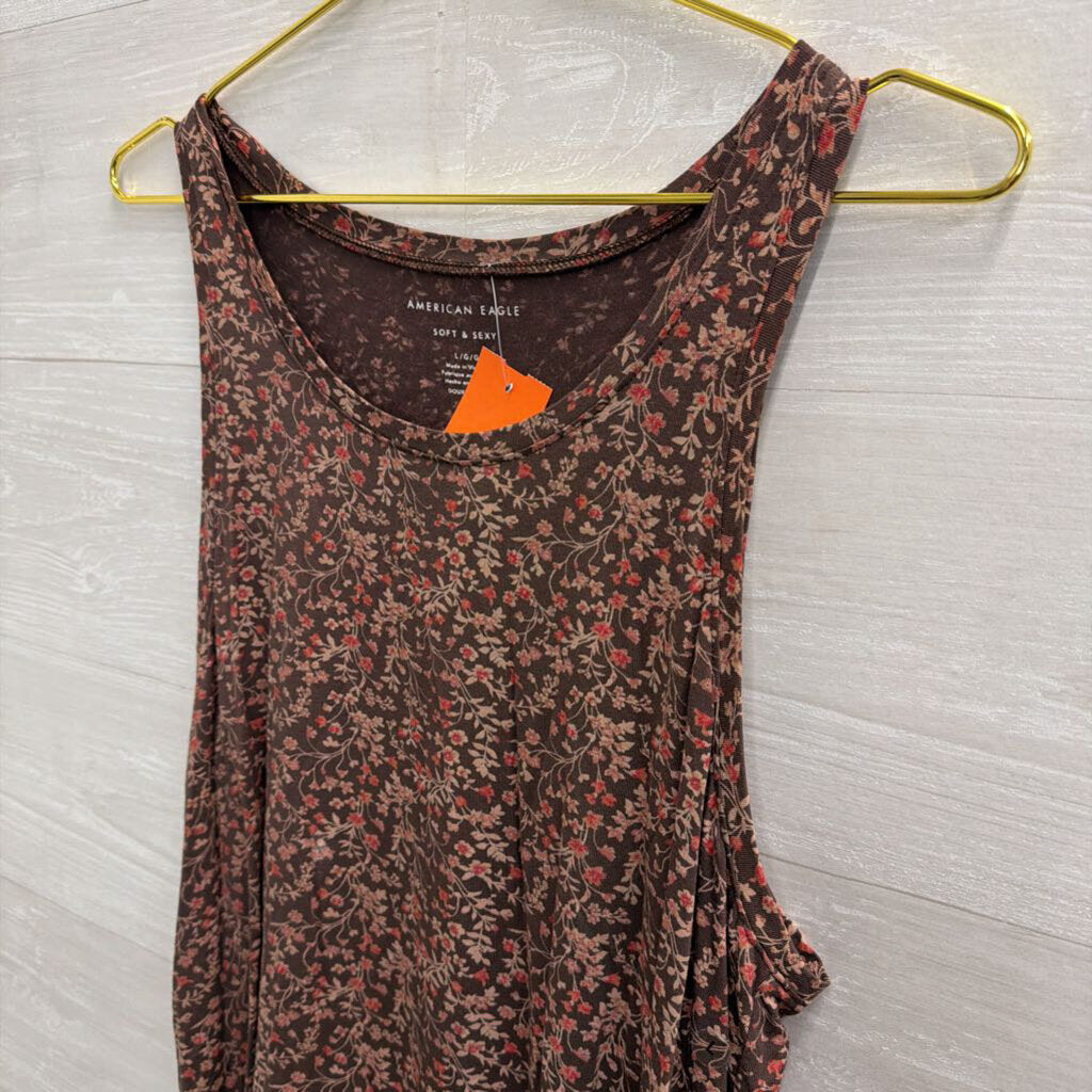 American Eagle Brown/ Pink Floral Print Tank Top Large