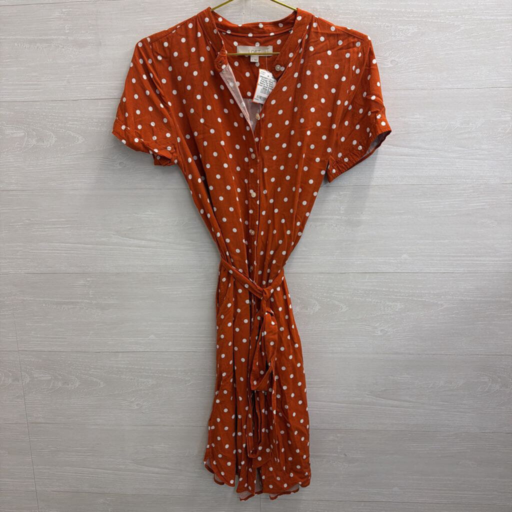 Loft Orange/ White Polka Dot Short Sleeve Tie Waist Dress Small