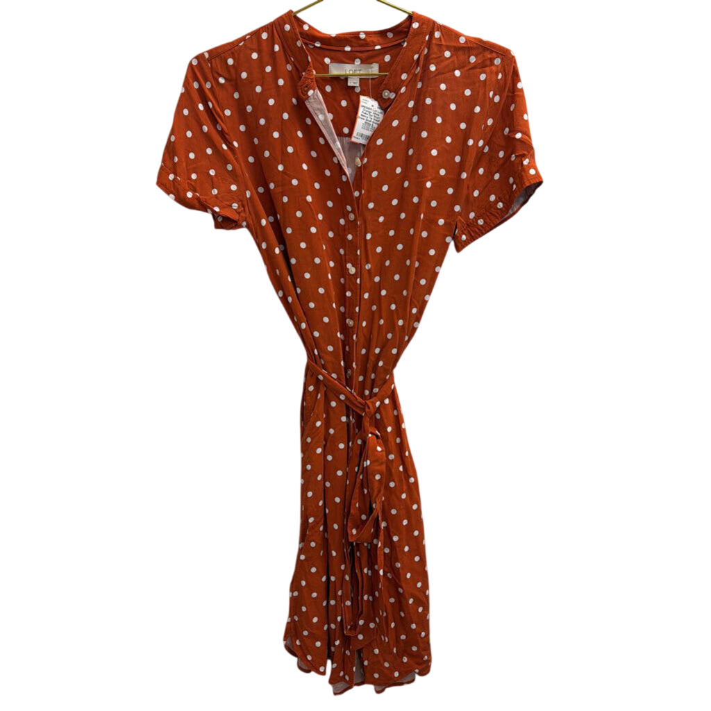 Loft Orange/ White Polka Dot Short Sleeve Tie Waist Dress Small