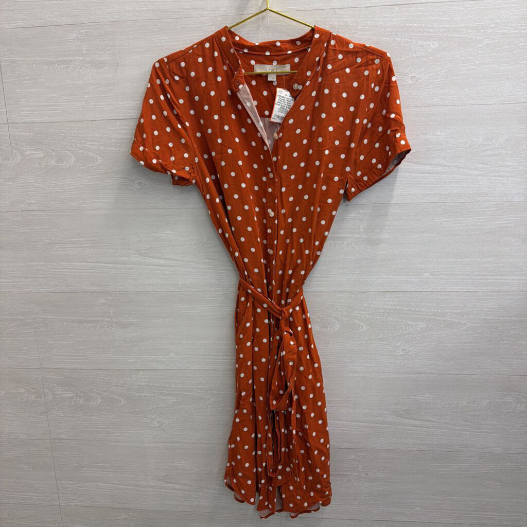 Loft Orange/ White Polka Dot Short Sleeve Tie Waist Dress Small
