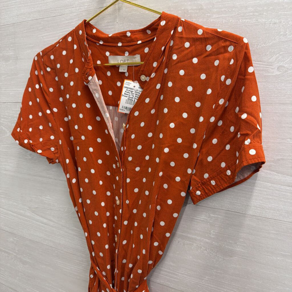Loft Orange/ White Polka Dot Short Sleeve Tie Waist Dress Small