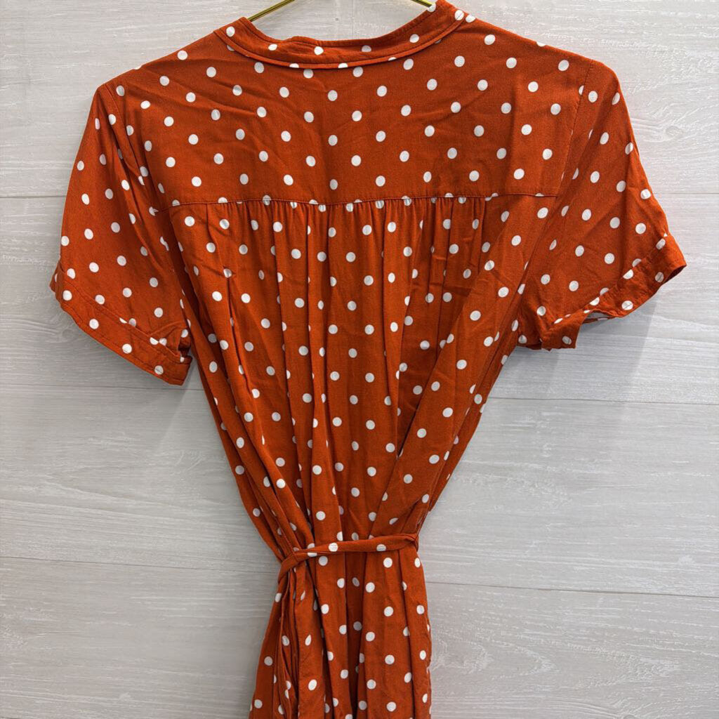 Loft Orange/ White Polka Dot Short Sleeve Tie Waist Dress Small